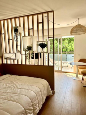 Studio calme avec vue sur un grand Pin parasol